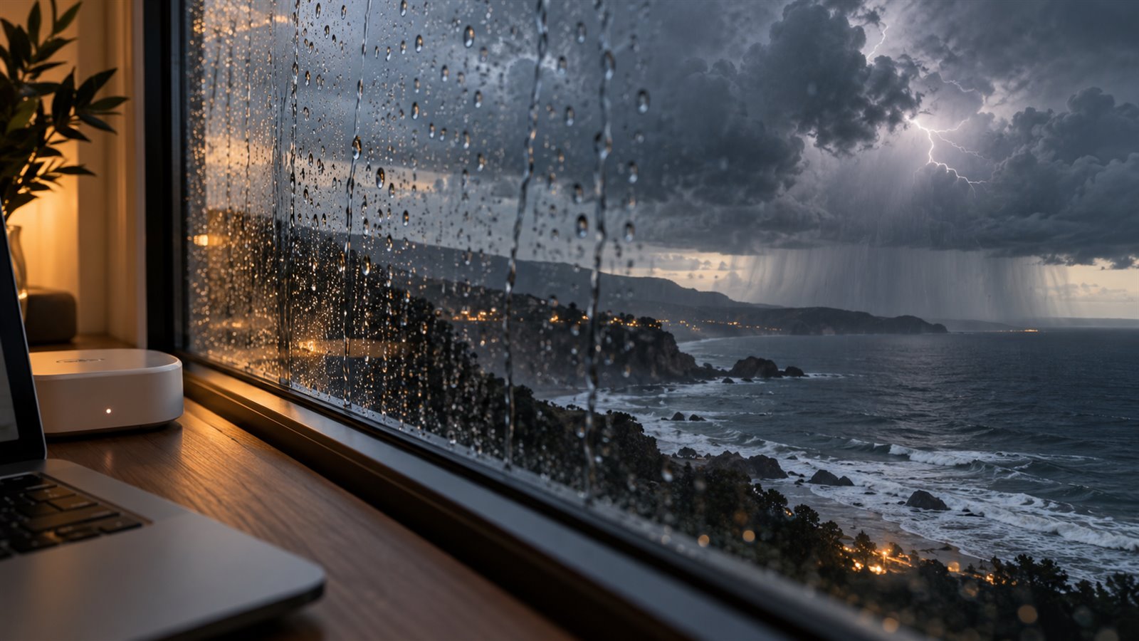 雨滴玻璃外的雷云、海岸雨幕与自然闪电,室内可见电脑边缘